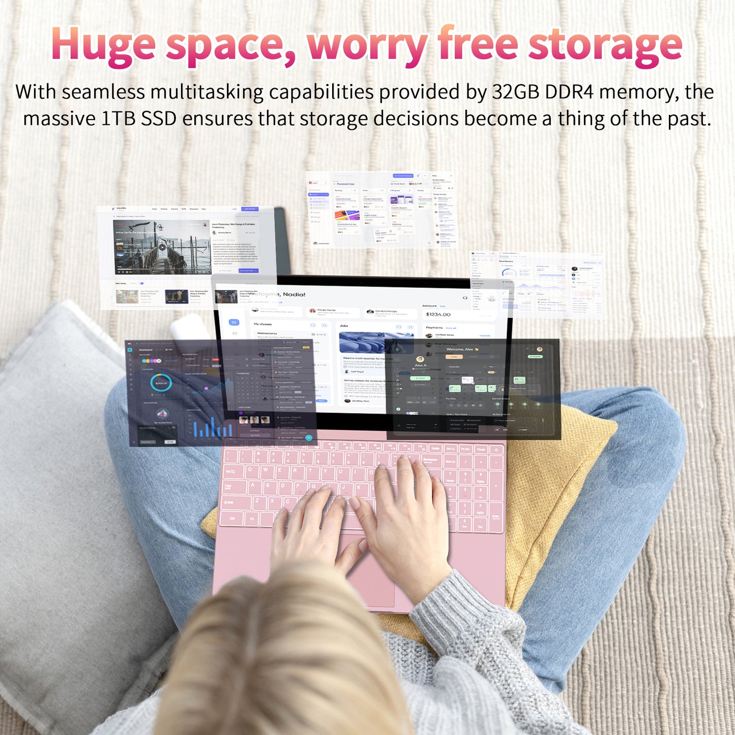 Pryloxen T152A 15.6" Laptop - Intel Alder N95 CPU, 32GB+1TB,Pink