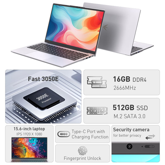 pryloxen 15.6" FHD IPS Laptop, AMD 3050e, 16GB RAM 512GB SSD, Fingerprint| Backlit Keyboard, Full-TYPE-C, HDMI, USB 3.0&2.0,for Work/Study/Daily Use
