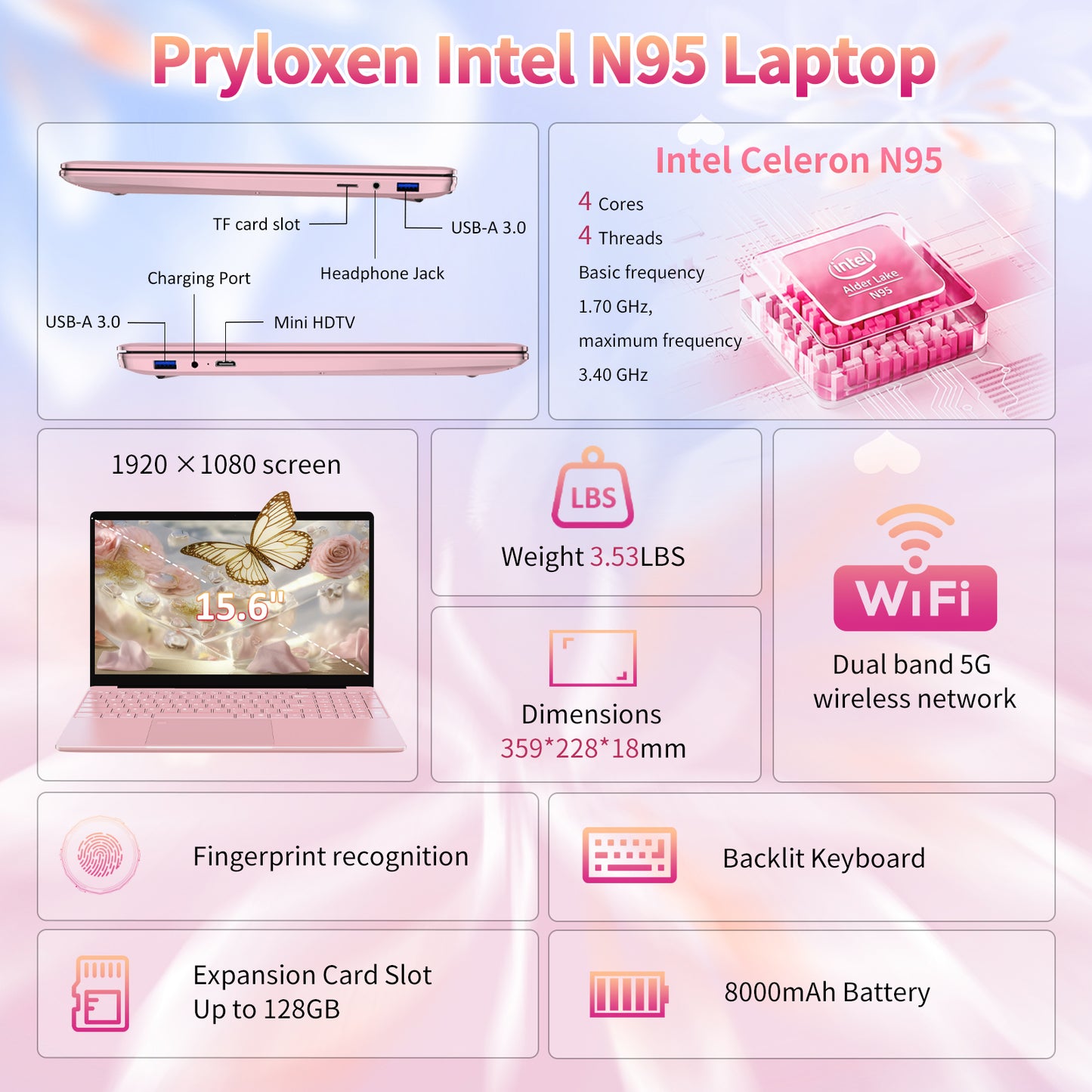 Pryloxen T152A 15.6" Laptop - Intel Alder N95 CPU, 32GB+1TB,Pink