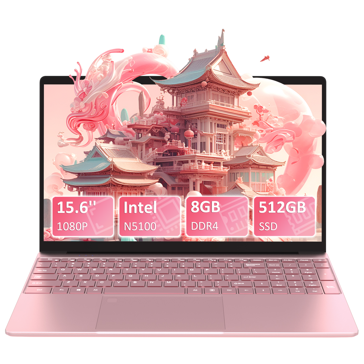 Pryloxen 15.6" Laptop, Intel Celeron N5100, 8GB RAM 512GB SSD, Windows 11 Pro, Backlit Keyboard, Fingerprint Unlock, Pink