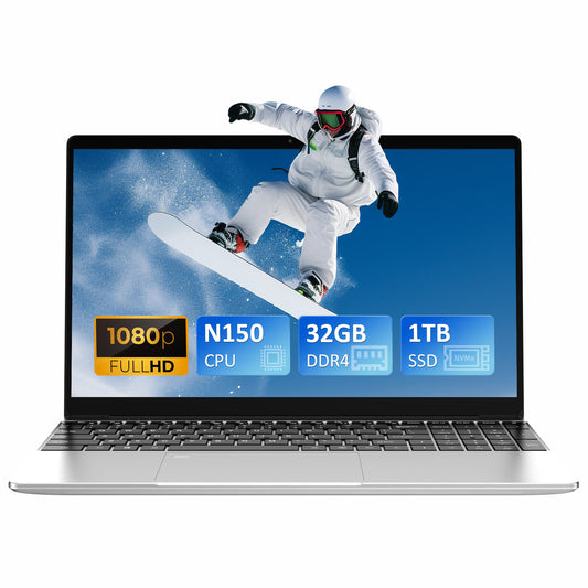pryloxen Laptop 15.6 zoll, 32GB DDR4 1TB NVMe SSD, Quad-Core N150 (bis zu 3,60 GHz), with Fingerprint Unlock Notebook, Cooling Fan, Webcam, Dual Speakers, Mini HDMI, Student/Business Laptop
