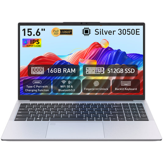 pryloxen 15.6" FHD IPS Laptop, AMD 3050e, 16GB RAM 512GB SSD, Fingerprint| Backlit Keyboard, Full-TYPE-C, HDMI, USB 3.0&2.0,for Work/Study/Daily Use