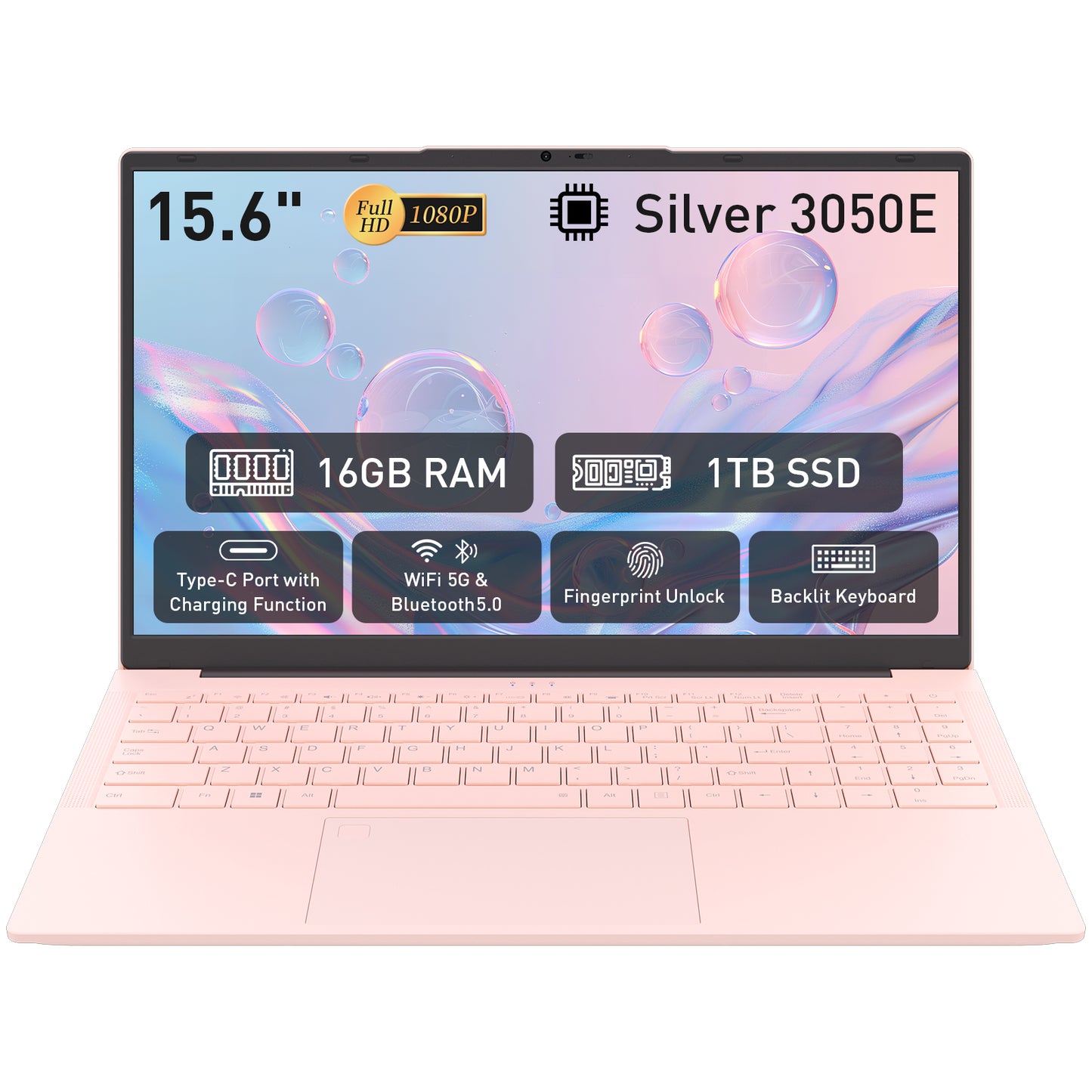 pryloxen 15.6" Laptop, Windows 11 Pro, AMD 3050E Processor, 16GB RAM 1TB SSD, Backlit Keyboard, Fingerprint Unlock, Pink