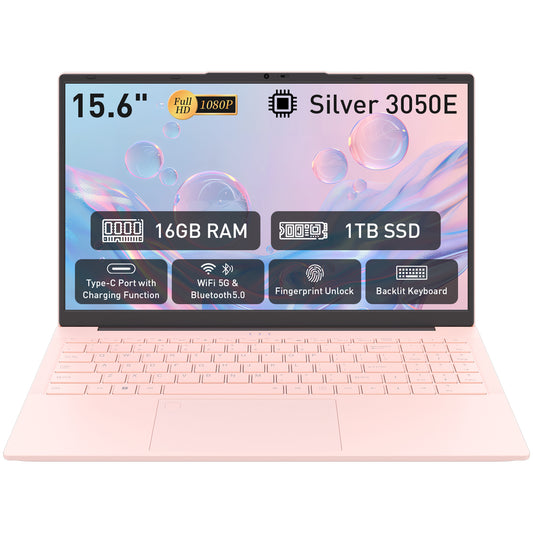 pryloxen 15.6" Laptop, Windows 11 Pro, AMD 3050E Processor, 16GB RAM 1TB SSD, Backlit Keyboard, Fingerprint Unlock, Pink