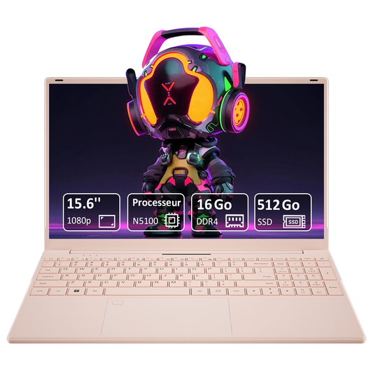 Ordinateur Portable Ultra-Fin 15,6",Processeur N5100 (2,8 GHz), 16 Go de RAM, 512 Go SSD, 1920x1080 FHD, 6000 mAh, WiFi Double Bande, Bluetooth 4.2, Webcam, 1,6 kg Léger