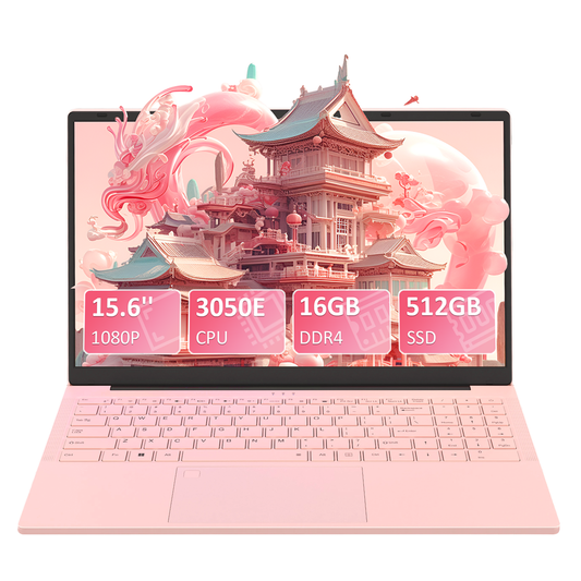 Pryloxen Laptop 15.6 Zoll Rosa, 16GB DDR4 512GB SSD, Dual-Core 3050E (bis zu 2.80 GHz), Notebook Mit Fingerabdrucksensor, Illuminated Keyboard, Doppellautsprecher, HDMI, Laptop für Schüler und Büro