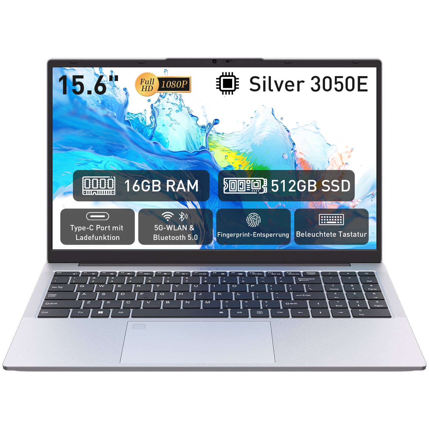 pryloxen Laptop 15.6 Zoll, 16GB DDR4 512GB SSD, Dual-Core 3050E (bis zu 2.80 GHz), Notebook Mit Fingerabdrucksensor, Illuminated Keyboard, Doppellautsprecher, HDMI, Laptop für Schüler und Büro