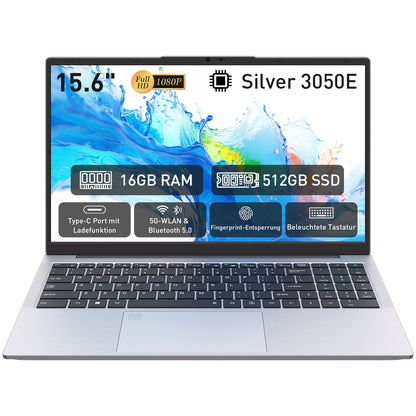 pryloxen Laptop 15.6 Zoll, 16GB DDR4 512GB SSD, Dual-Core 3050E (bis zu 2.80 GHz), Notebook Mit Fingerabdrucksensor, Illuminated Keyboard, Doppellautsprecher, HDMI, Laptop für Schüler und Büro