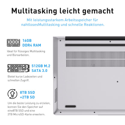 pryloxen Laptop 15.6 Zoll, 16GB DDR4 512GB SSD, Dual-Core 3050E (bis zu 2.80 GHz), Notebook Mit Fingerabdrucksensor, Illuminated Keyboard, Doppellautsprecher, HDMI, Laptop für Schüler und Büro