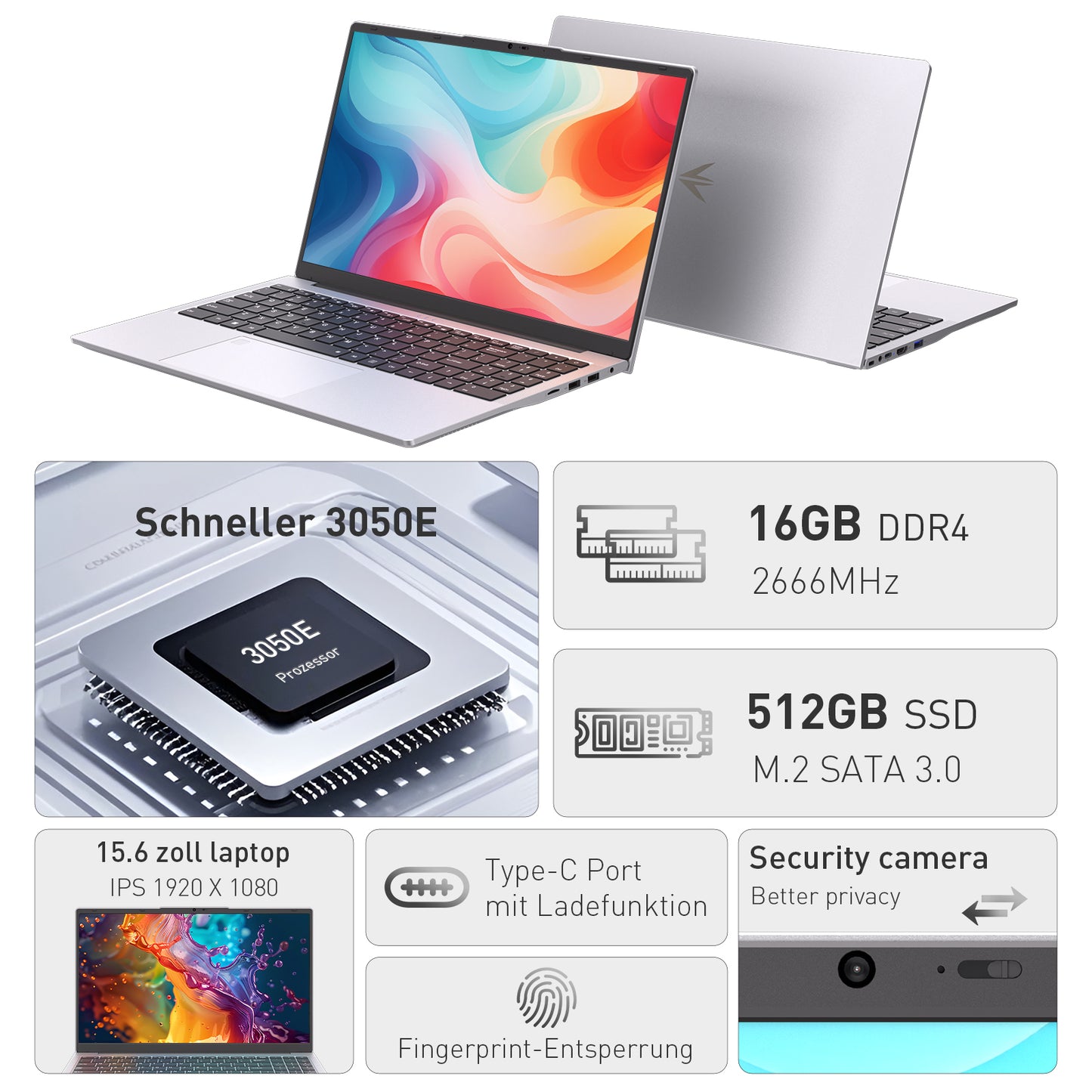 pryloxen Laptop 15.6 Zoll, 16GB DDR4 512GB SSD, Dual-Core 3050E (bis zu 2.80 GHz), Notebook Mit Fingerabdrucksensor, Illuminated Keyboard, Doppellautsprecher, HDMI, Laptop für Schüler und Büro