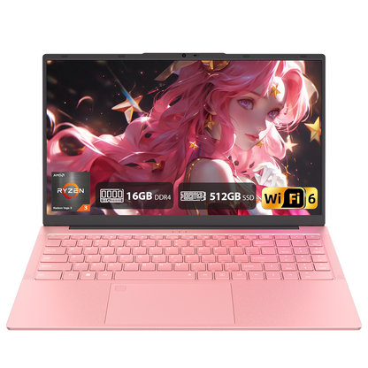 Pryloxen 15.6" Pink Laptop, 16GB RAM 512GB SSD, Win11 Pro Computer 3250C CPU, Up to 3.5GHz, Backlit Keyboard & Fingerprint for Business, Student, Office