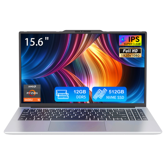 Pryloxen 15.6" Laptop, AMD Ryzen 5 6600U (up to 4.5GHz), 12GB RAM 512GB SSD, Windows 11 Pro, Facial Recognition, Backlit Keyboard, Silver