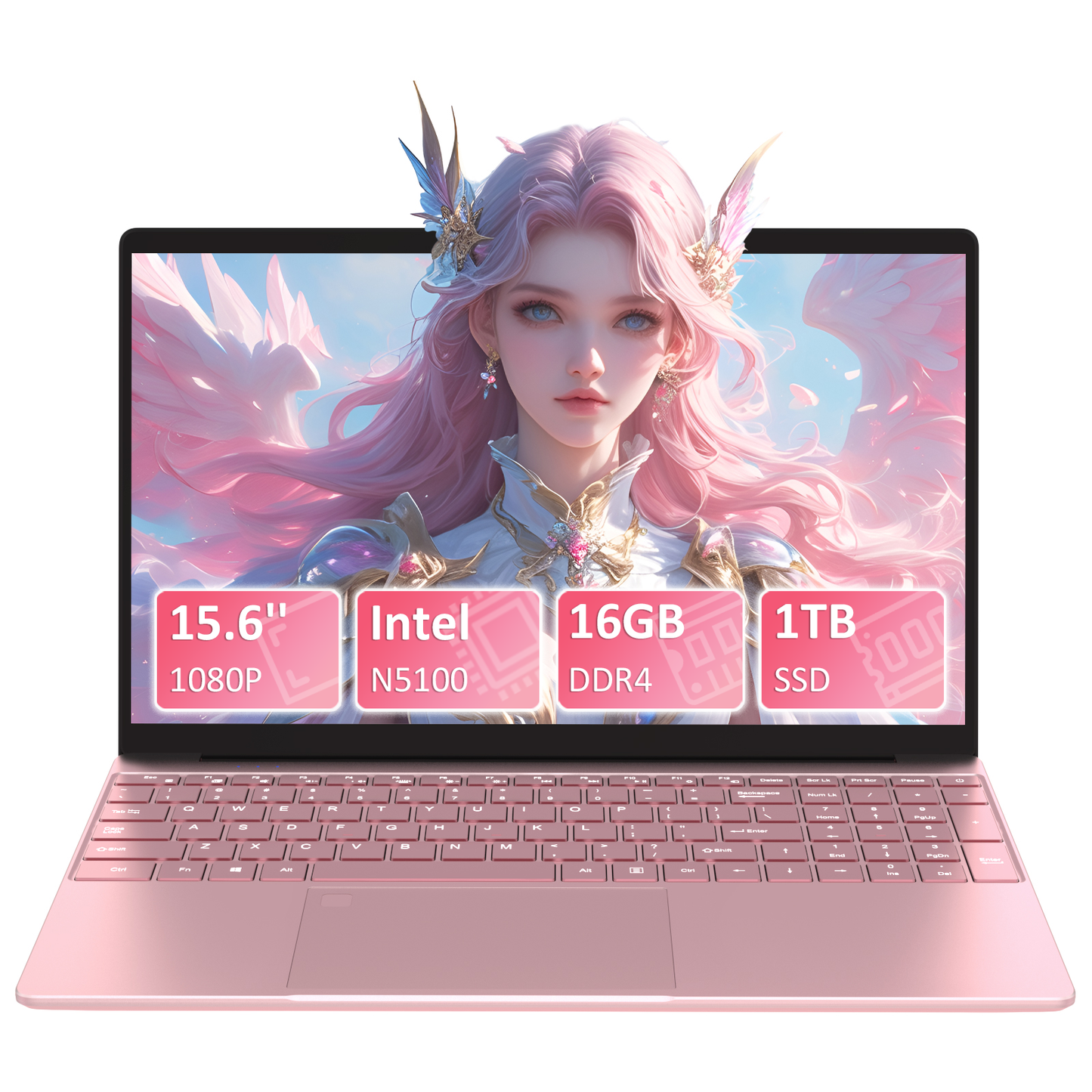 Pryloxen 15.6" Laptop, Win11 Pro, N5100 CPU, 16GB RAM 1TB SSD, Backlit Keyboard, Fingerprint Unlock,Pink