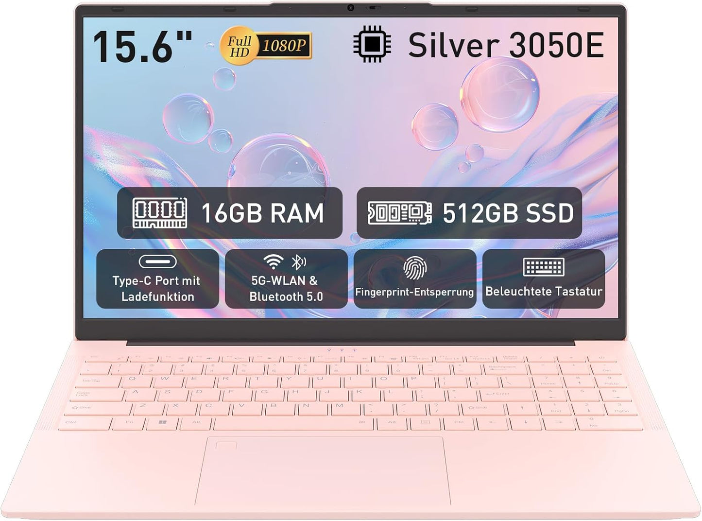Pryloxen Laptop 15.6 Zoll Rosa, 16GB DDR4 512GB SSD, Dual-Core 3050E (bis zu 2.80 GHz), Notebook Mit Fingerabdrucksensor, Illuminated Keyboard, Doppellautsprecher, HDMI, Laptop für Schüler und Büro