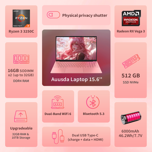 Pryloxen 15.6" Pink Laptop, 16GB RAM 512GB SSD, Win11 Pro Computer 3250C CPU, Up to 3.5GHz, Backlit Keyboard & Fingerprint for Business, Student, Office
