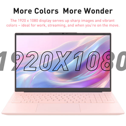 pryloxen 15.6" Laptop, Windows 11 Pro, AMD 3050E Processor, 16GB RAM 1TB SSD, Backlit Keyboard, Fingerprint Unlock, Pink