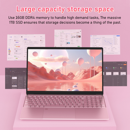 Pryloxen 15.6" Laptop, Win11 Pro, N5100 CPU, 16GB RAM 1TB SSD, Backlit Keyboard, Fingerprint Unlock,Pink
