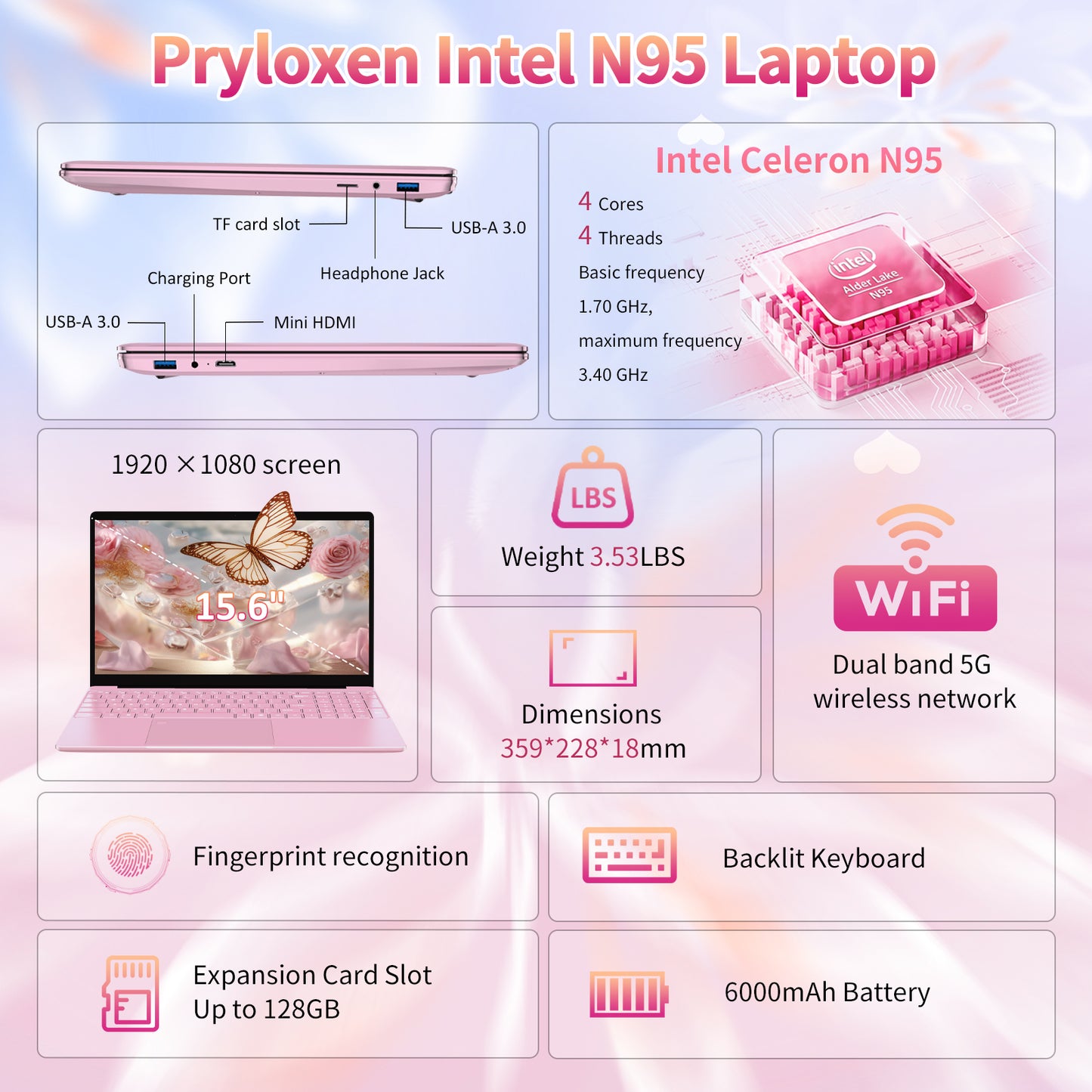 Pryloxen T152A 15.6" Laptop - Intel Alder N95 CPU, 16GB+512GB,Pink