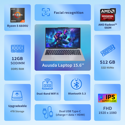 Pryloxen 15.6" Laptop, AMD Ryzen 5 6600U (up to 4.5GHz), 12GB RAM 512GB SSD, Windows 11 Pro, Facial Recognition, Backlit Keyboard, Silver