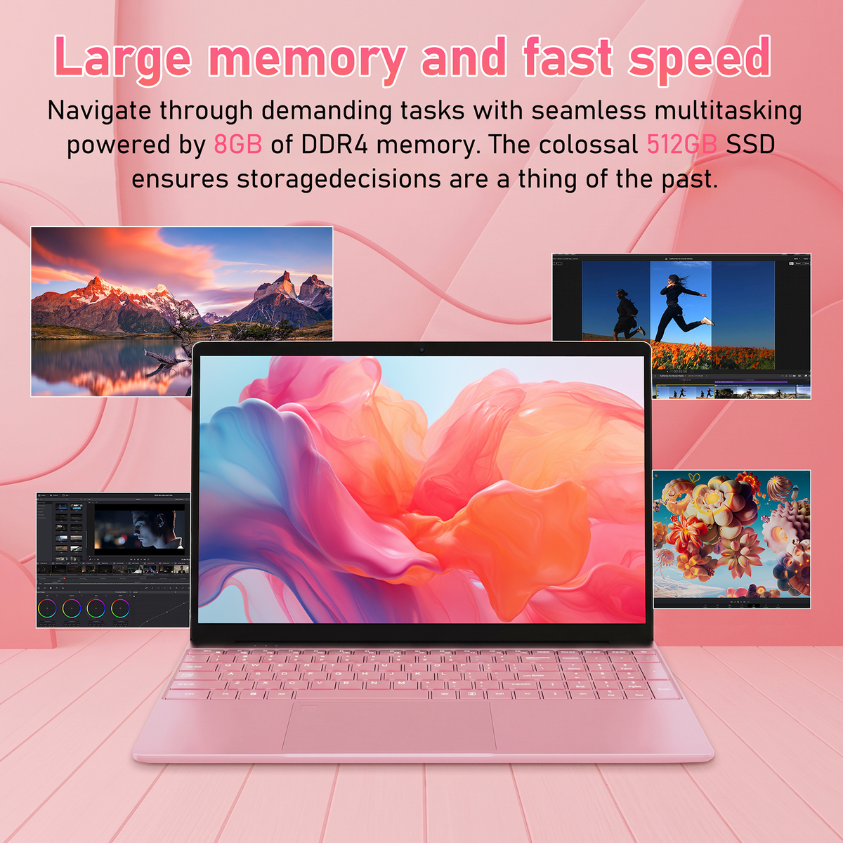 Pryloxen 15.6" Laptop, Intel Celeron N5100, 8GB RAM 512GB SSD, Windows 11 Pro, Backlit Keyboard, Fingerprint Unlock, Pink
