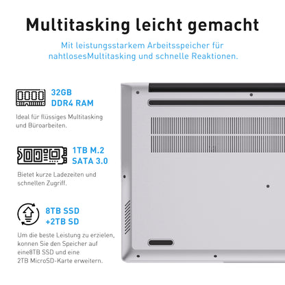pryloxen Laptop 15.6 Zoll, 32GB DDR4 1TB NVMe SSD, Dual-Core 3050E (bis zu 2.80 GHz), with Fingerprint Unlock Notebook, Cooling Fan, Webcam, Dual Speakers, HDMI, Student/Business Laptop