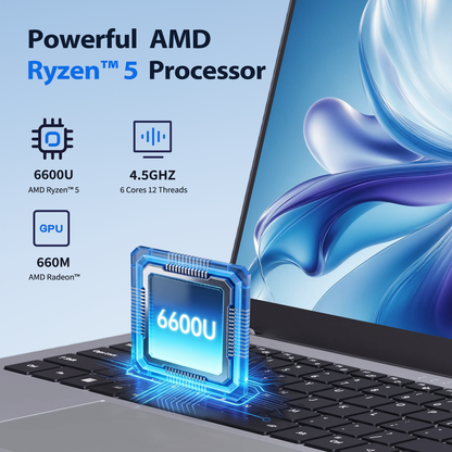 Pryloxen 15.6" Laptop, AMD Ryzen 5 6600U (up to 4.5GHz), 12GB RAM 512GB SSD, Windows 11 Pro, Facial Recognition, Backlit Keyboard, Silver