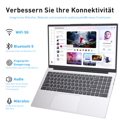 pryloxen Laptop 15.6 Zoll, 32GB DDR4 1TB NVMe SSD, Dual-Core 3050E (bis zu 2.80 GHz), with Fingerprint Unlock Notebook, Cooling Fan, Webcam, Dual Speakers, HDMI, Student/Business Laptop