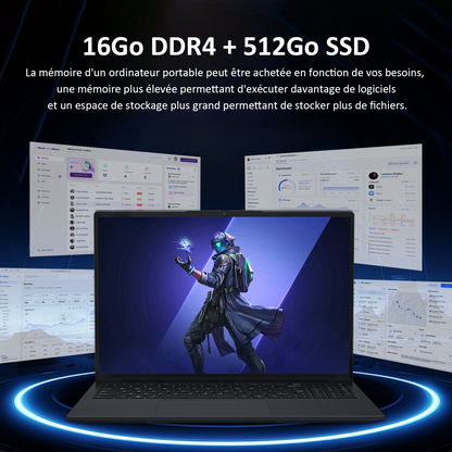 Ordinateur Portable 16 Pouces avec Processeur Ryzen 5 3500U, 16 Go RAM, 512 Go SSD, Écran IPS 1920x1200, WiFi 6, Bluetooth 5.3, 5000mAH 57.75Wh