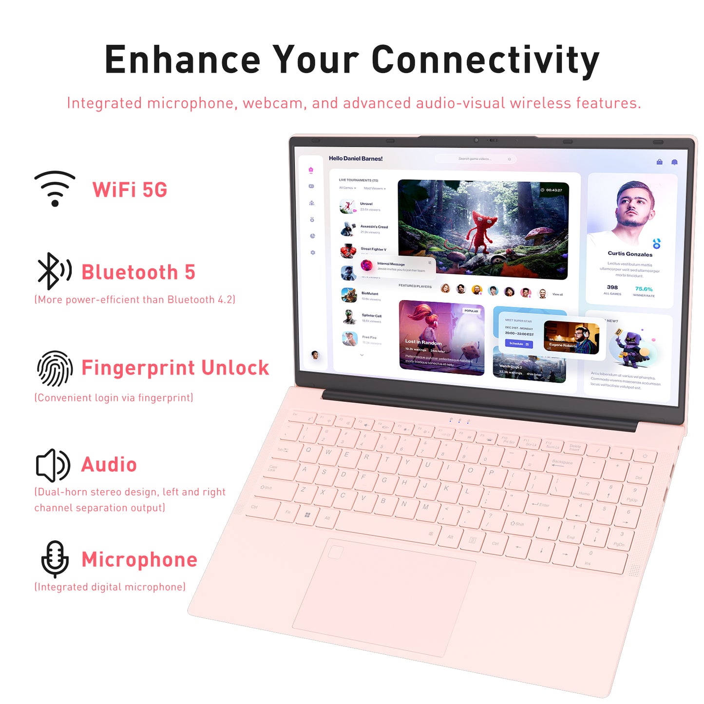 pryloxen 15.6" Laptop, Windows 11 Pro, AMD 3050E Processor, 16GB RAM 1TB SSD, Backlit Keyboard, Fingerprint Unlock, Pink