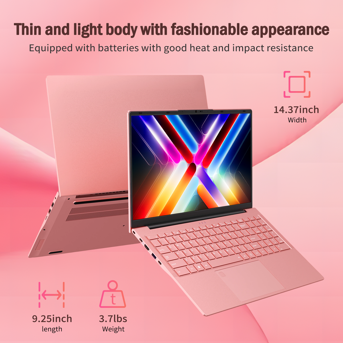 Pryloxen 15.6" Pink Laptop, 16GB RAM 512GB SSD, Win11 Pro Computer 3250C CPU, Up to 3.5GHz, Backlit Keyboard & Fingerprint for Business, Student, Office