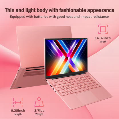 Pryloxen 15.6" Pink Laptop, 16GB RAM 512GB SSD, Win11 Pro Computer 3250C CPU, Up to 3.5GHz, Backlit Keyboard & Fingerprint for Business, Student, Office