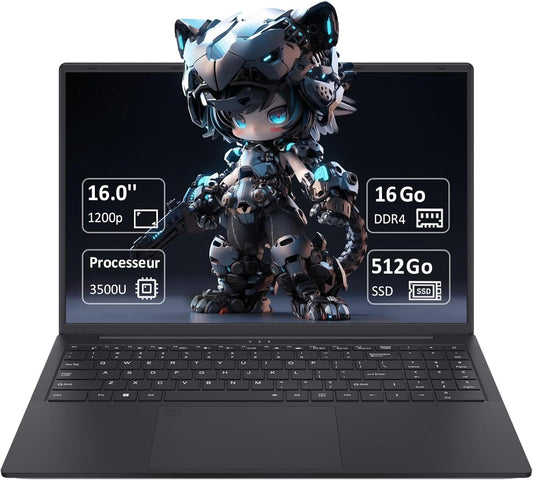 Ordinateur Portable 16 Pouces avec Processeur Ryzen 5 3500U, 16 Go RAM, 512 Go SSD, Écran IPS 1920x1200, WiFi 6, Bluetooth 5.3, 5000mAH 57.75Wh