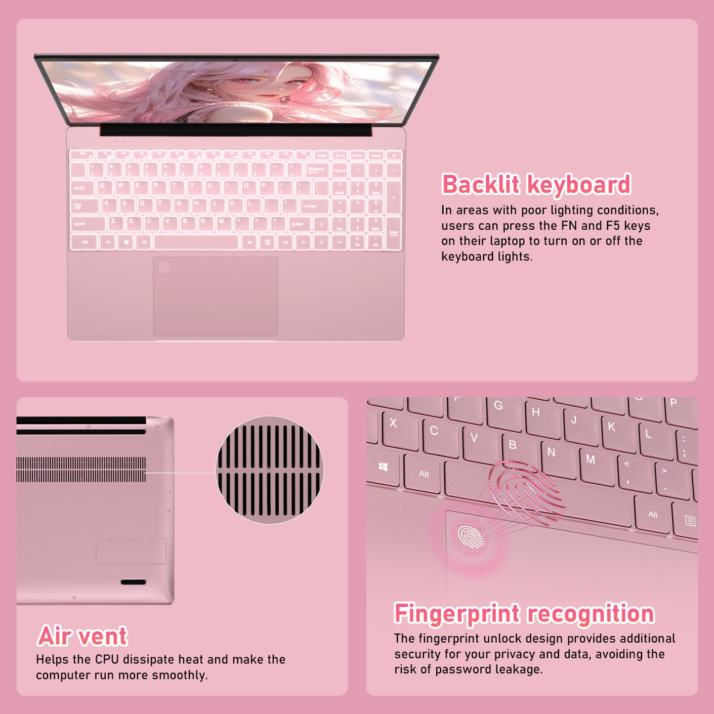 Pryloxen 15.6" Laptop, Win11 Pro, N5100 CPU, 16GB RAM 1TB SSD, Backlit Keyboard, Fingerprint Unlock,Pink