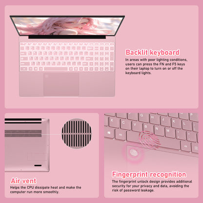Pryloxen 15.6" Laptop, Win11 Pro, N5100 CPU, 16GB RAM 1TB SSD, Backlit Keyboard, Fingerprint Unlock,Pink