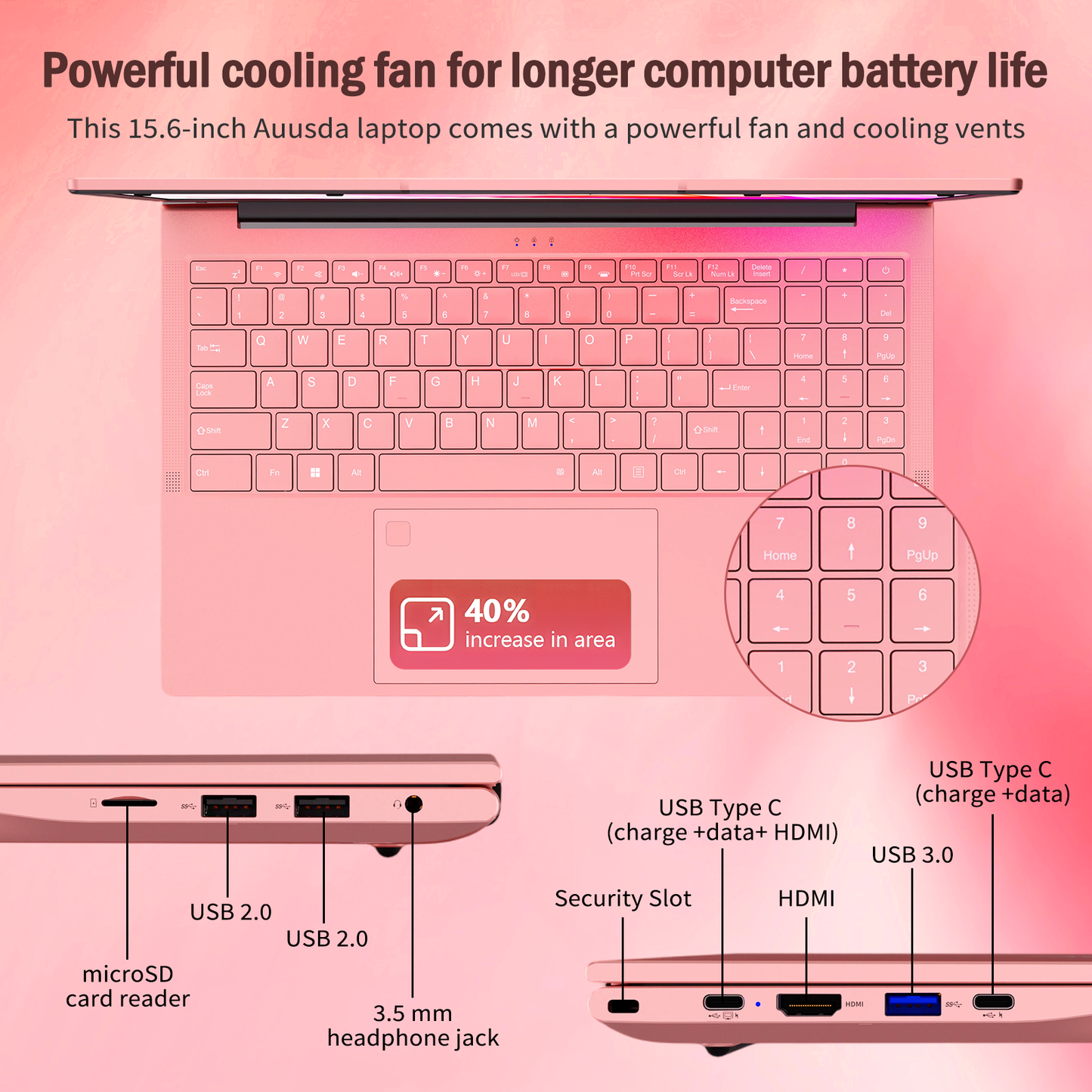 Pryloxen 15.6" Pink Laptop, 16GB RAM 512GB SSD, Win11 Pro Computer 3250C CPU, Up to 3.5GHz, Backlit Keyboard & Fingerprint for Business, Student, Office