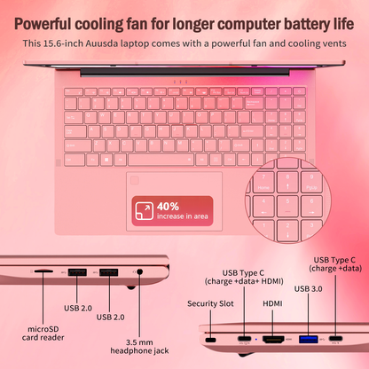 Pryloxen 15.6" Pink Laptop, 16GB RAM 512GB SSD, Win11 Pro Computer 3250C CPU, Up to 3.5GHz, Backlit Keyboard & Fingerprint for Business, Student, Office