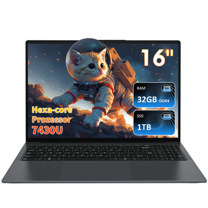 pryloxen 16 Zoll Laptop,Hexa-core 7430U Prozessor(Bis zu 4.3GHz),32 GB DDR4 RAM 1TB SSD,16 Zoll Full HD Display with Kameraverschluss,USB Typ C,USBx3,HDMI,Micro SD Card Slot,Student Notebook