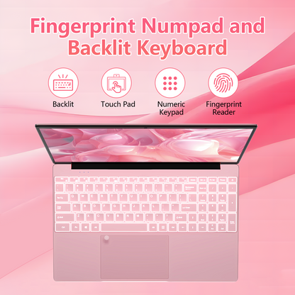 Pryloxen 15.6" Laptop, Intel Celeron N5100, 8GB RAM 512GB SSD, Windows 11 Pro, Backlit Keyboard, Fingerprint Unlock, Pink
