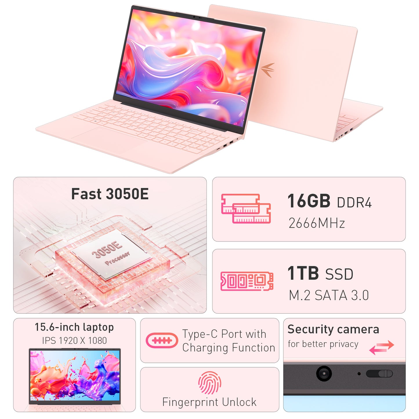 pryloxen 15.6" Laptop, Windows 11 Pro, AMD 3050E Processor, 16GB RAM 1TB SSD, Backlit Keyboard, Fingerprint Unlock, Pink
