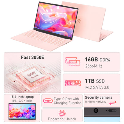 pryloxen 15.6" Laptop, Windows 11 Pro, AMD 3050E Processor, 16GB RAM 1TB SSD, Backlit Keyboard, Fingerprint Unlock, Pink