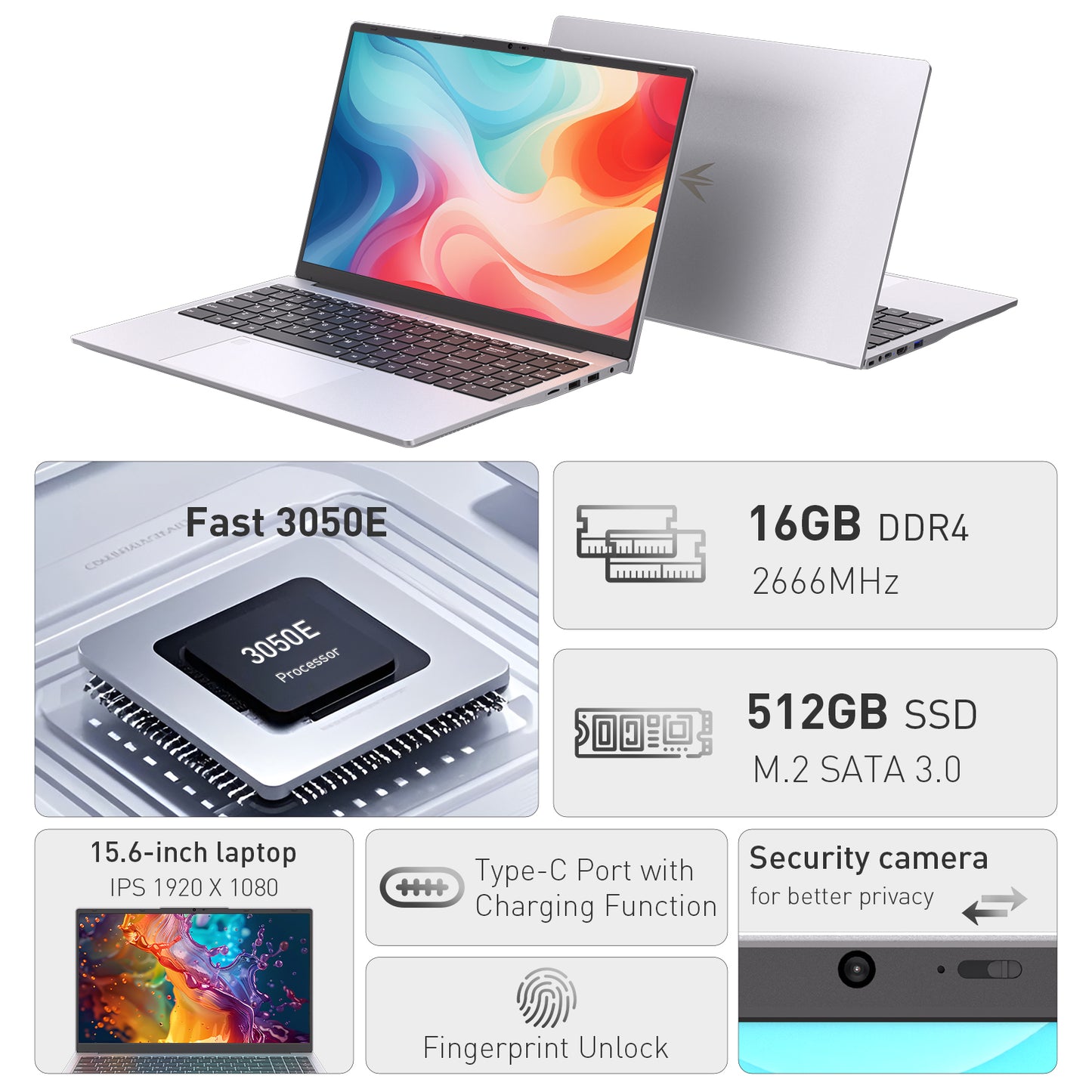 pryloxen 15.6" FHD IPS Laptop, AMD 3050e, 16GB RAM 512GB SSD, Fingerprint| Backlit Keyboard, Full-TYPE-C, HDMI, USB 3.0&2.0,for Work/Study/Daily Use