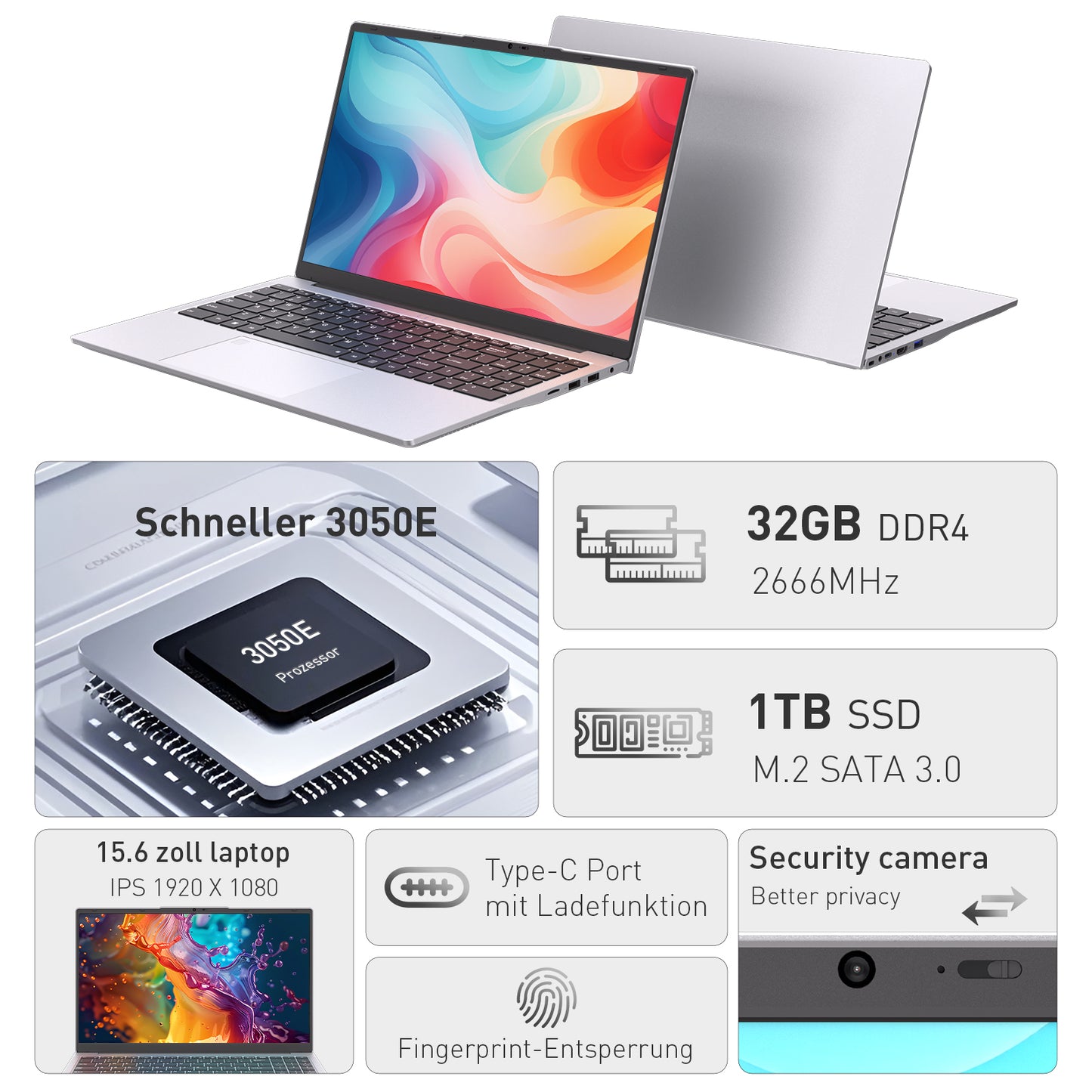 pryloxen Laptop 15.6 Zoll, 32GB DDR4 1TB NVMe SSD, Dual-Core 3050E (bis zu 2.80 GHz), with Fingerprint Unlock Notebook, Cooling Fan, Webcam, Dual Speakers, HDMI, Student/Business Laptop