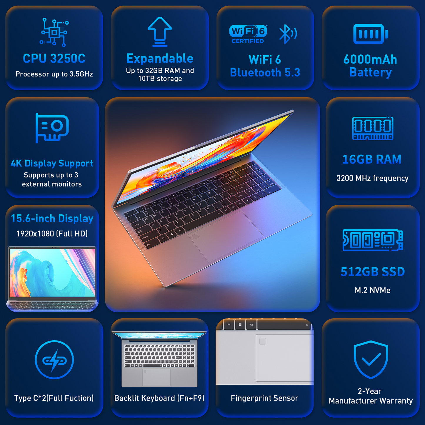 Pryloxen 15.6" Laptop, Win11 Pro Computer, Business Laptop 3250C CPU, 16GB RAM 512GB SSD, Backlit Keyboard, silver