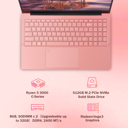 Pryloxen 15.6" Pink Laptop, 16GB RAM 512GB SSD, Win11 Pro Computer 3250C CPU, Up to 3.5GHz, Backlit Keyboard & Fingerprint for Business, Student, Office