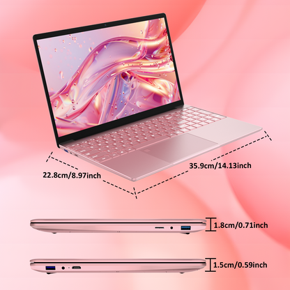 Pryloxen 15.6" Laptop, Intel Celeron N5100, 8GB RAM 512GB SSD, Windows 11 Pro, Backlit Keyboard, Fingerprint Unlock, Pink