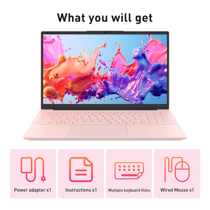 pryloxen 15.6" Laptop, Windows 11 Pro, AMD 3050E Processor, 16GB RAM 1TB SSD, Backlit Keyboard, Fingerprint Unlock, Pink