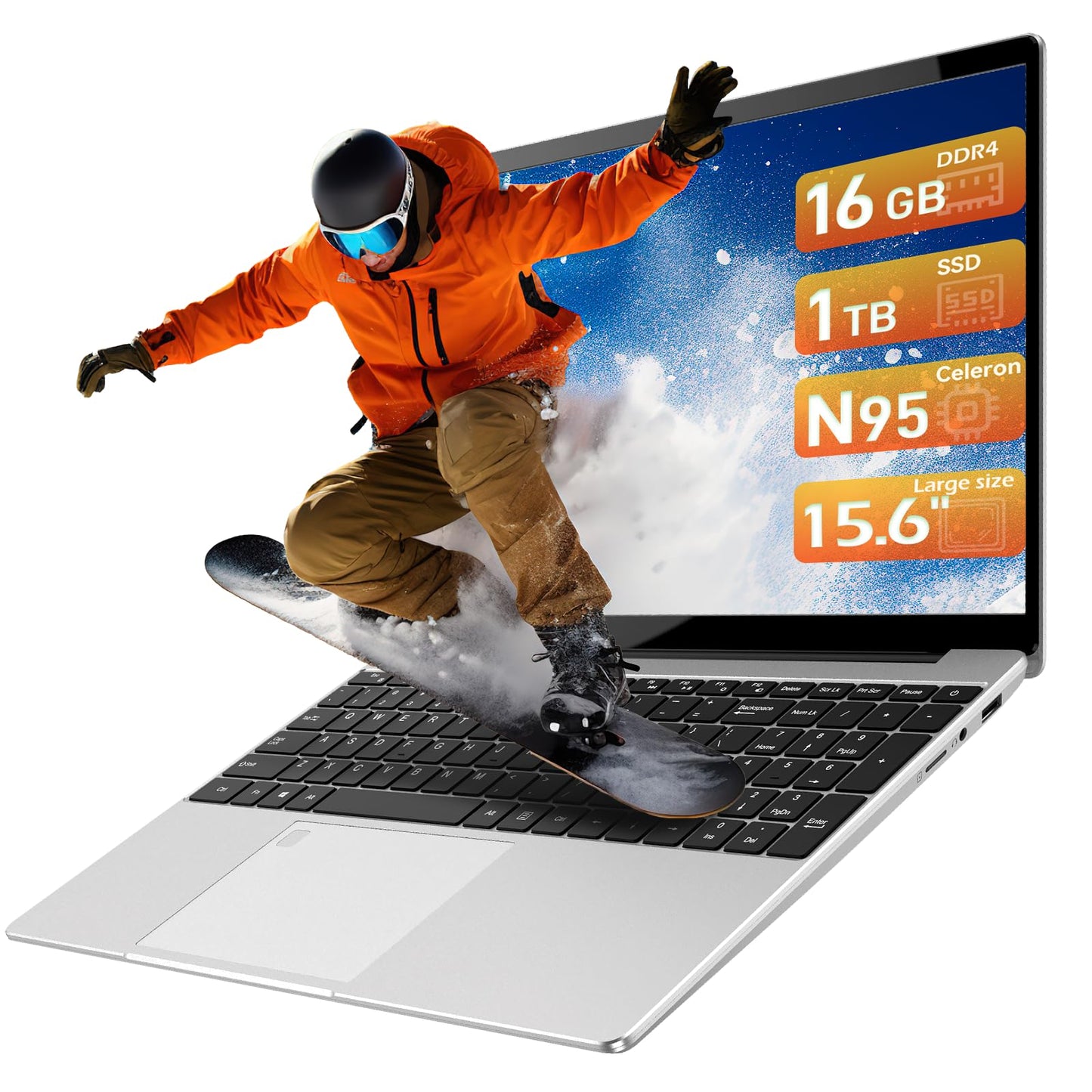 pryloxen 15.6" Laptop, 16GB RAM, 1TB NVMe SSD, 4C4T N95 (1.7- 3.4GHz), Fingerprint Login, FHD Display, Backlit Keyboard, Big battery, Win 11 Pro, T152A – for Students, Business and Home Users, Silver