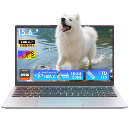Pryloxen 15.6″ FHD Laptop Computer, 3050E Processor, 16GB RAM 1TB SSD, Dual-Band 5G WiFi Bluetooth 5.0, USB-C Full Port, Backlit Keyboard, Privacy Webcam, Win11 Pro, Silver Laptop for Study & Business