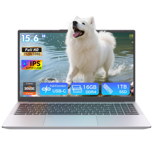 Pryloxen 15.6″ FHD Laptop Computer, 3050E Processor, 16GB RAM 1TB SSD, Dual-Band 5G WiFi Bluetooth 5.0, USB-C Full Port, Backlit Keyboard, Privacy Webcam, Win11 Pro, Silver Laptop for Study & Business