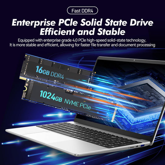 pryloxen 15.6" Laptop, 16GB RAM, 1TB NVMe SSD, 4C4T N95 (1.7- 3.4GHz), Fingerprint Login, FHD Display, Backlit Keyboard, Big battery, Win 11 Pro, T152A – for Students, Business and Home Users, Silver